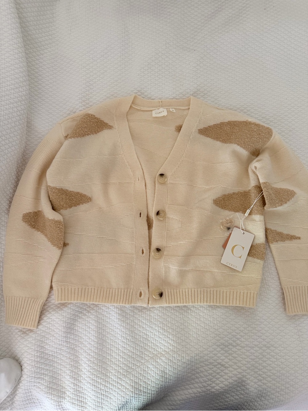 Cyrus Cream Cardigan with Tan Textured Patches
